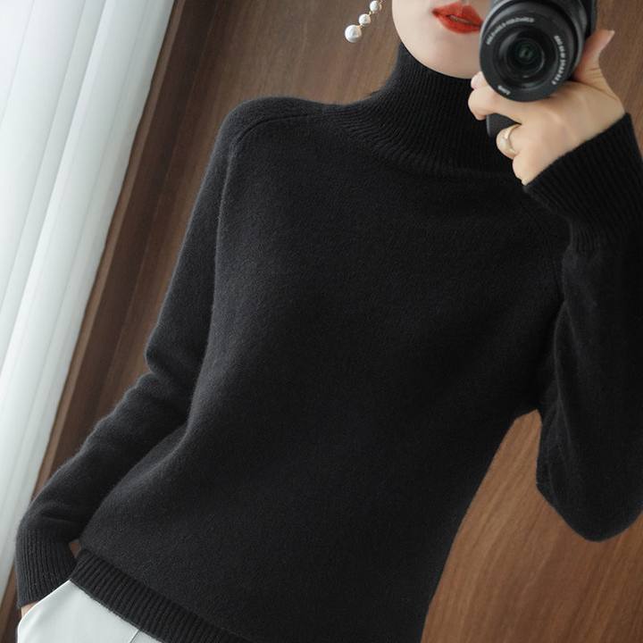 Damen Rollkragenpullover aus Kaschmir - Weicher Strickpullover-Schwarz-S-Luzern Mode