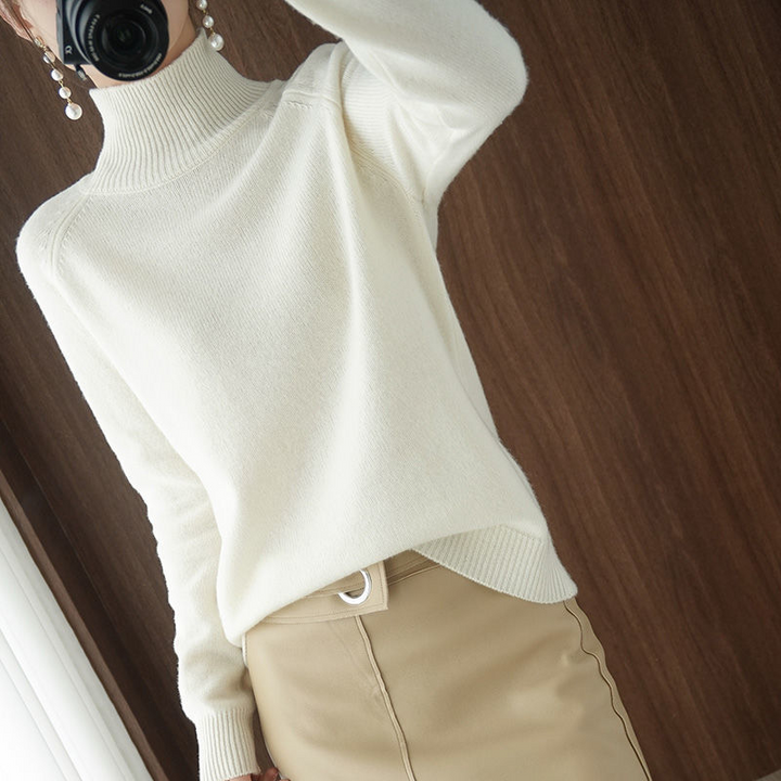 Damen Rollkragenpullover aus Kaschmir - Weicher Strickpullover-Weiß-S-Luzern Mode