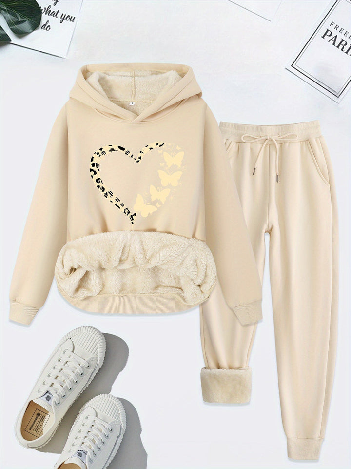 Herbst Damen Hoodie Set mit Herz- und Schmetterlingsmotiv-Aprikose-S-Luzern Mode