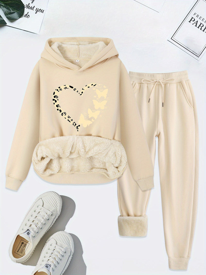 Herbst Damen Hoodie Set mit Herz- und Schmetterlingsmotiv-Aprikose-S-Luzern Mode