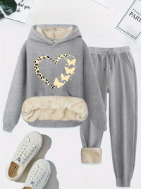 Herbst Damen Hoodie Set mit Herz- und Schmetterlingsmotiv-Hellgrau-S-Luzern Mode