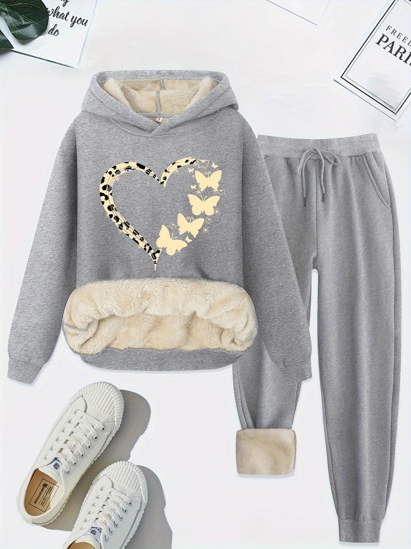 Herbst Damen Hoodie Set mit Herz- und Schmetterlingsmotiv-Hellgrau-S-Luzern Mode