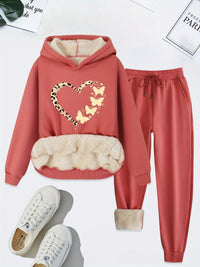 Herbst Damen Hoodie Set mit Herz- und Schmetterlingsmotiv-Rosa-S-Luzern Mode