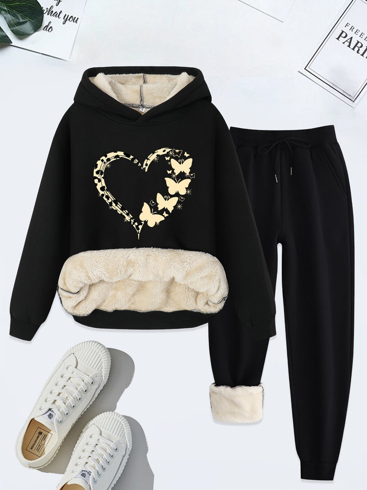 Herbst Damen Hoodie Set mit Herz- und Schmetterlingsmotiv-Schwarz-S-Luzern Mode