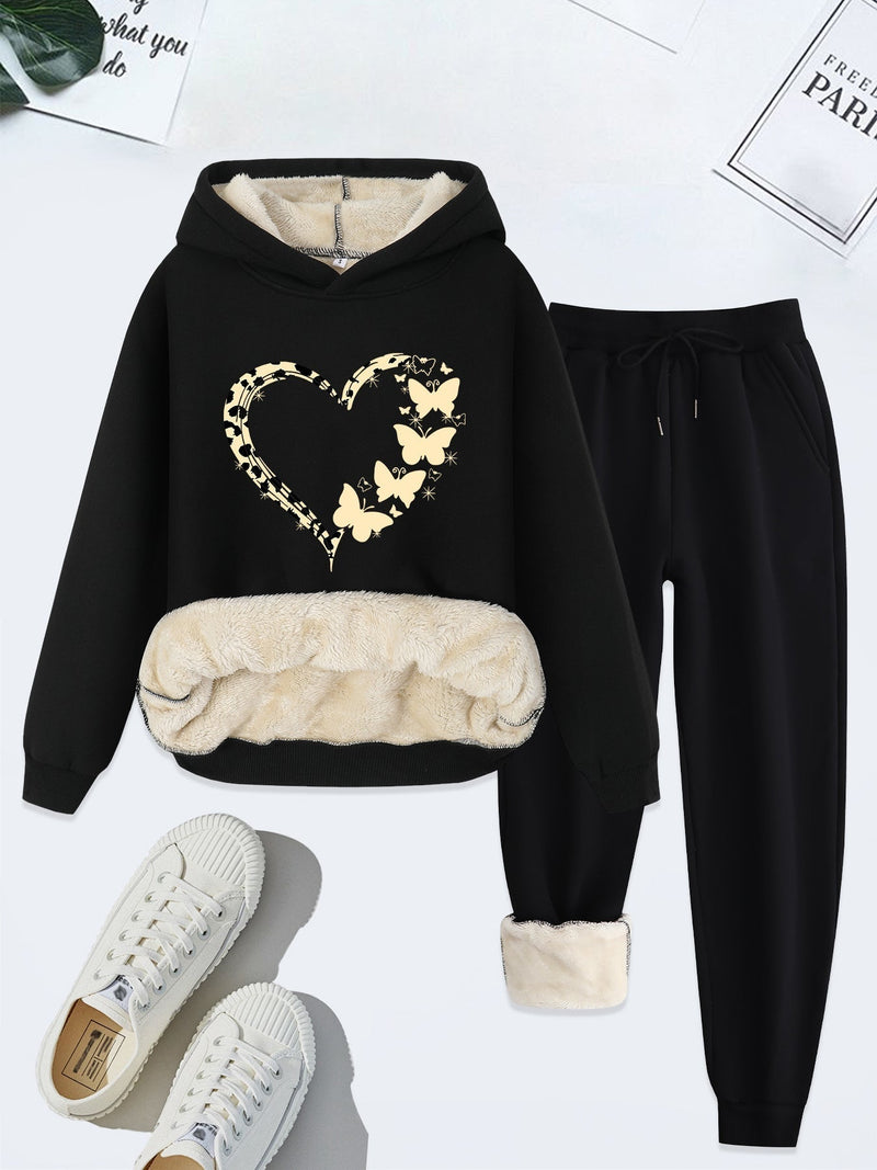 Herbst Damen Hoodie Set mit Herz- und Schmetterlingsmotiv-Schwarz-S-Luzern Mode