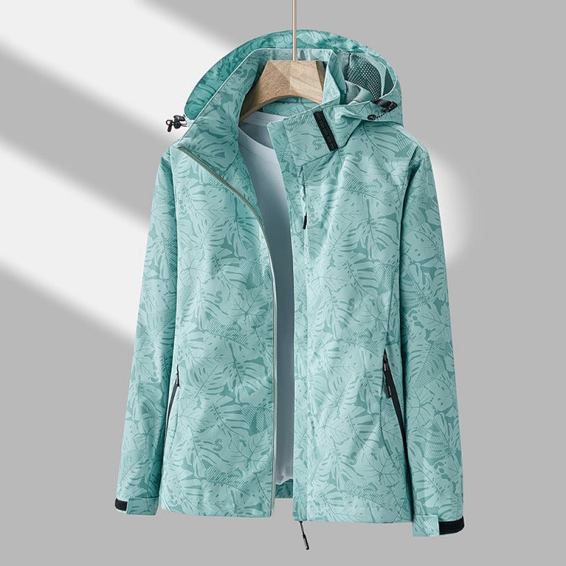 Wasserdichte Outdoor-Jacke mit Kapuze und Muster Damen-Türkis-XS-Luzern Mode