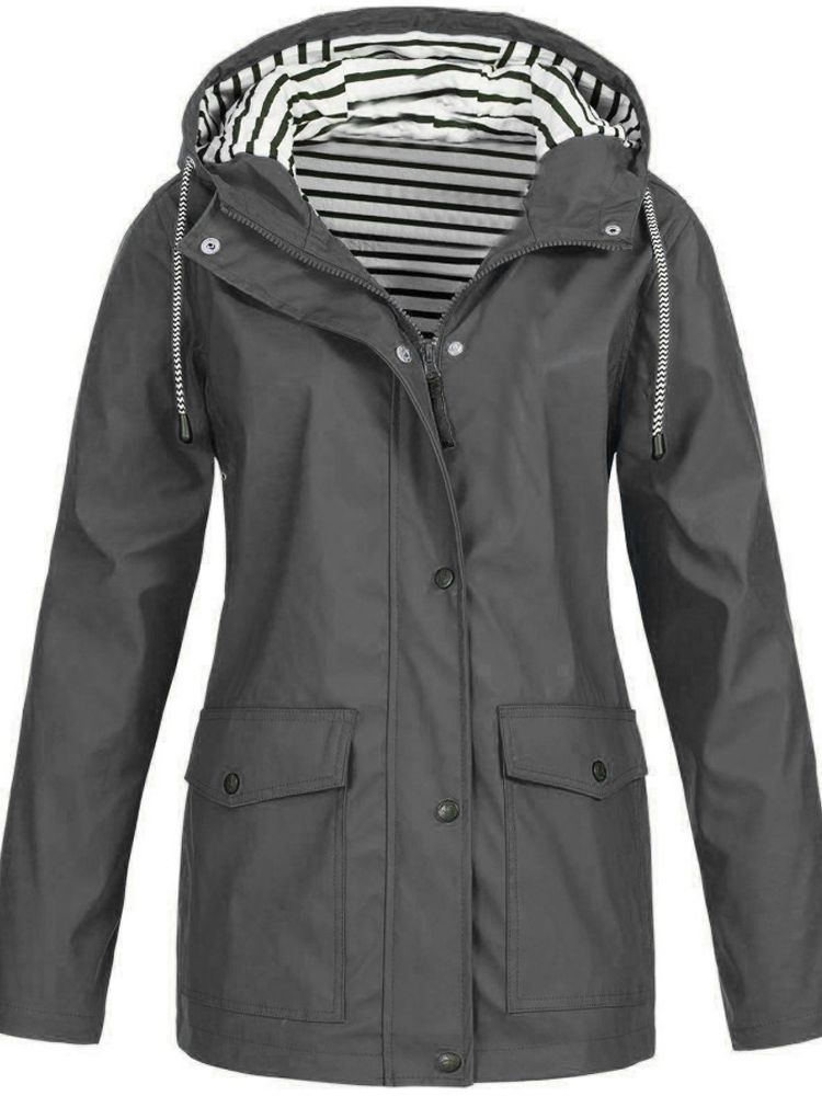 Wasserdichte Damen Regenjacke mit Kapuze und Taschen-Grau-S-Luzern Mode