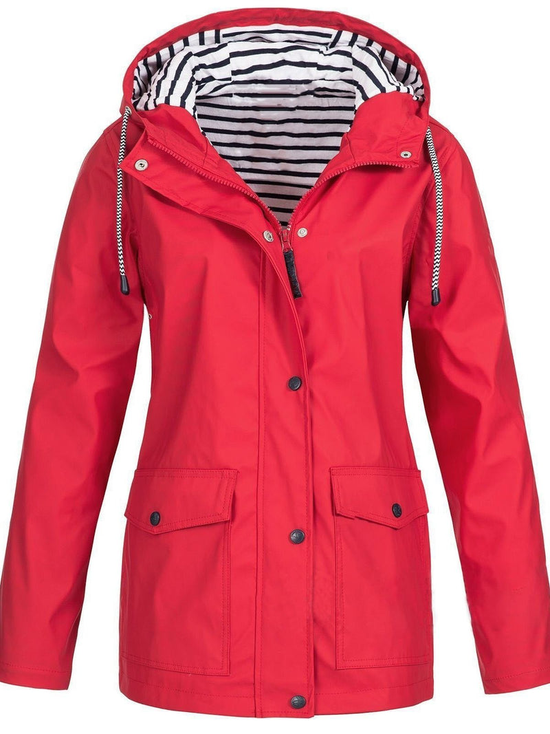 Wasserdichte Damen Regenjacke mit Kapuze und Taschen-Rot-S-Luzern Mode