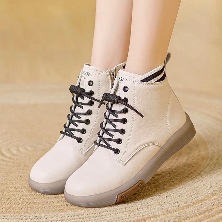 Damen Sneaker Hochwertig mit Reißverschluss und Schnürung-Hellbraun-Schwarz-35-Luzern Mode
