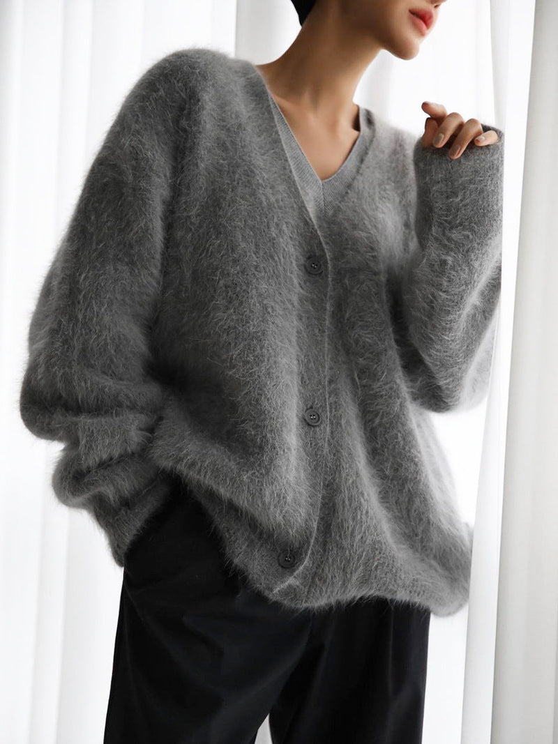 Flauschiger Damen Cardigan für Herbst und Wintermode-Dunkelgrau-S-Luzern Mode
