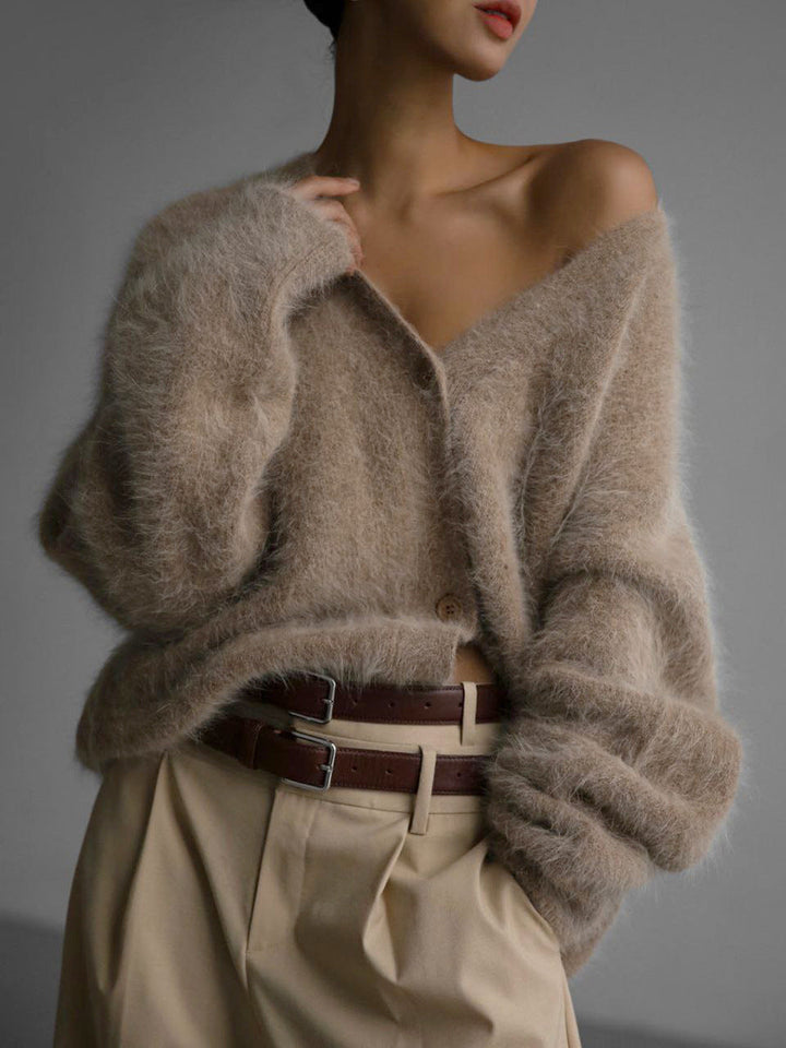 Flauschiger Damen Cardigan für Herbst und Wintermode-Khaki-S-Luzern Mode