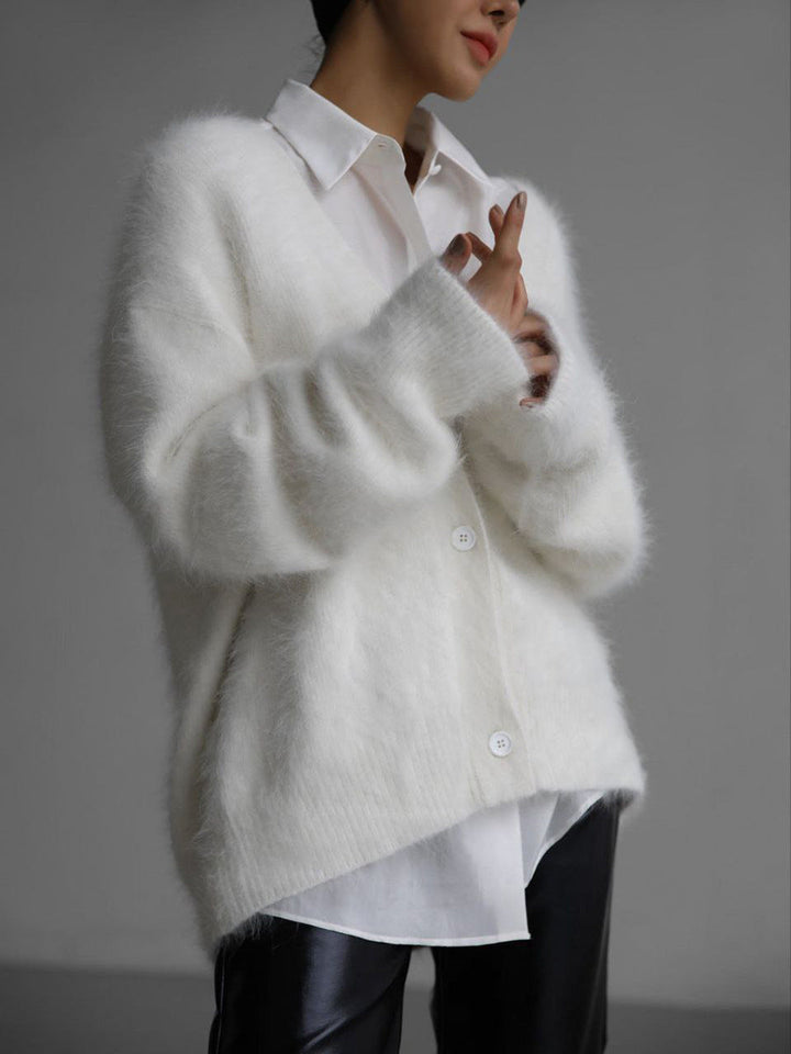 Flauschiger Damen Cardigan für Herbst und Wintermode-Weiß-S-Luzern Mode