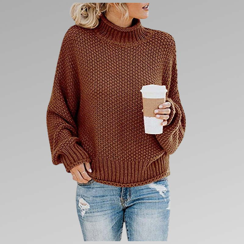 Damen Strickpullover mit Rollkragen und lässigem Schnitt-Braun-S-Luzern Mode