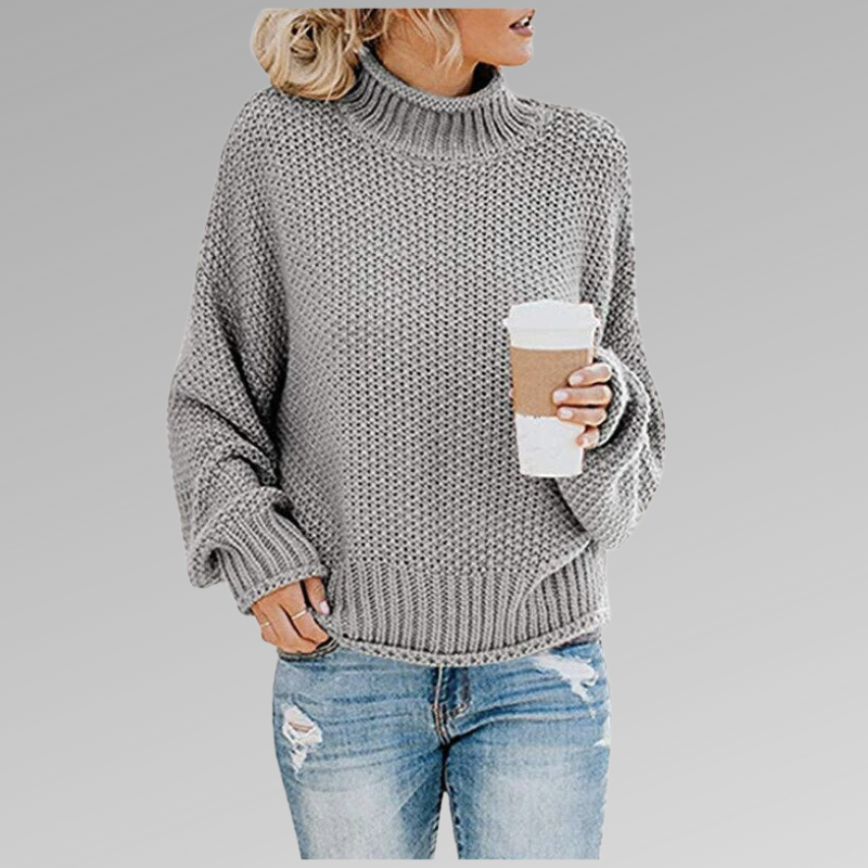 Damen Strickpullover mit Rollkragen und lässigem Schnitt-Grau-S-Luzern Mode