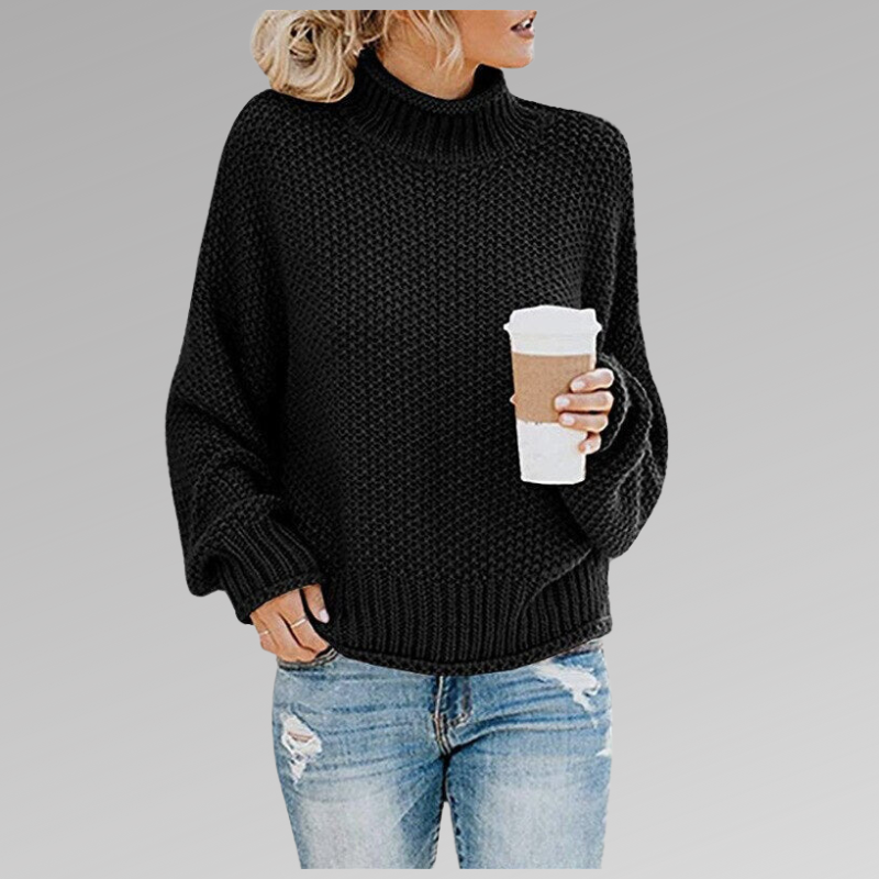 Damen Strickpullover mit Rollkragen und lässigem Schnitt-Schwarz-S-Luzern Mode