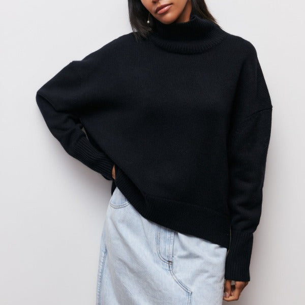 Oversized Damen Rollkragenpullover aus Kaschmir - Weicher Strickpullover-Schwarz-Einheitsgröße-Luzern Mode