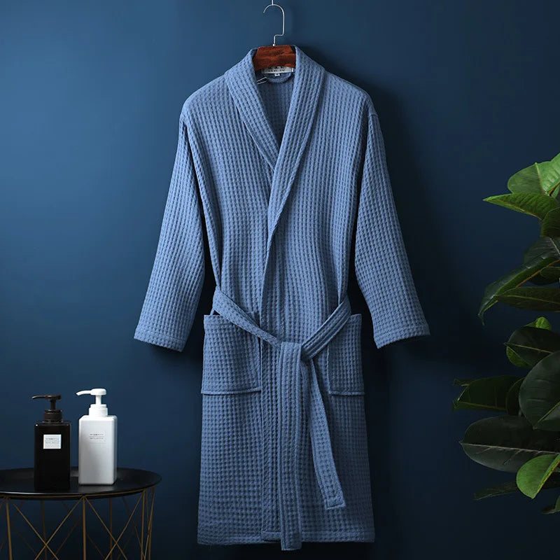 Unisex Bademantel | Baumwolle | Weich | Einfarbig | Bequeme Passform | Lang | Warm-Blau-M-Luzern Mode