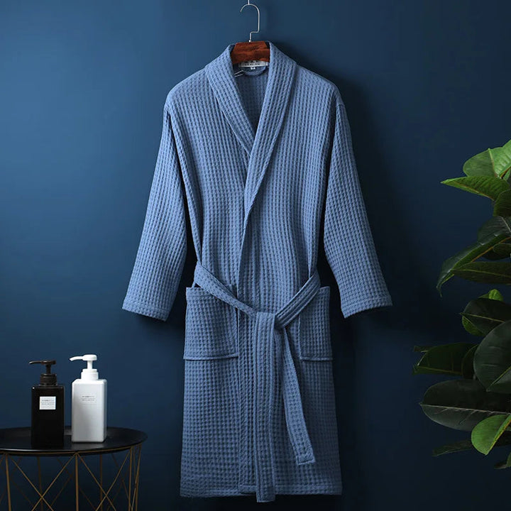 Unisex Bademantel | Baumwolle | Weich | Einfarbig | Bequeme Passform | Lang | Warm-Blau-M-Luzern Mode