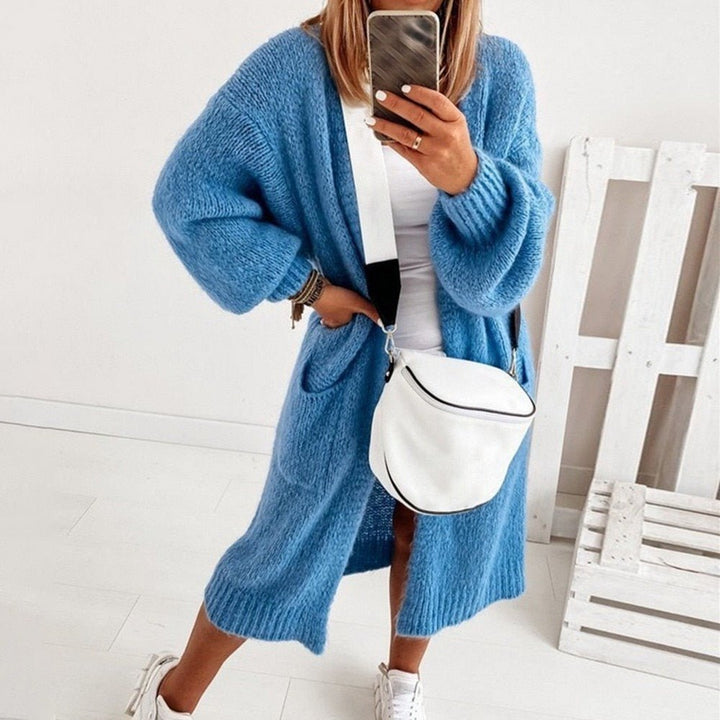 Damen Strickjacke Oversize Langarm Cardigan mit Taschen-Blau-XS-Luzern Mode