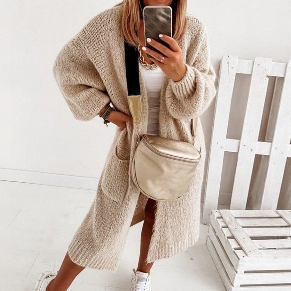 Damen Strickjacke Oversize Langarm Cardigan mit Taschen-Khaki-XS-Luzern Mode