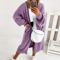 Damen Strickjacke Oversize Langarm Cardigan mit Taschen-Lila-XS-Luzern Mode