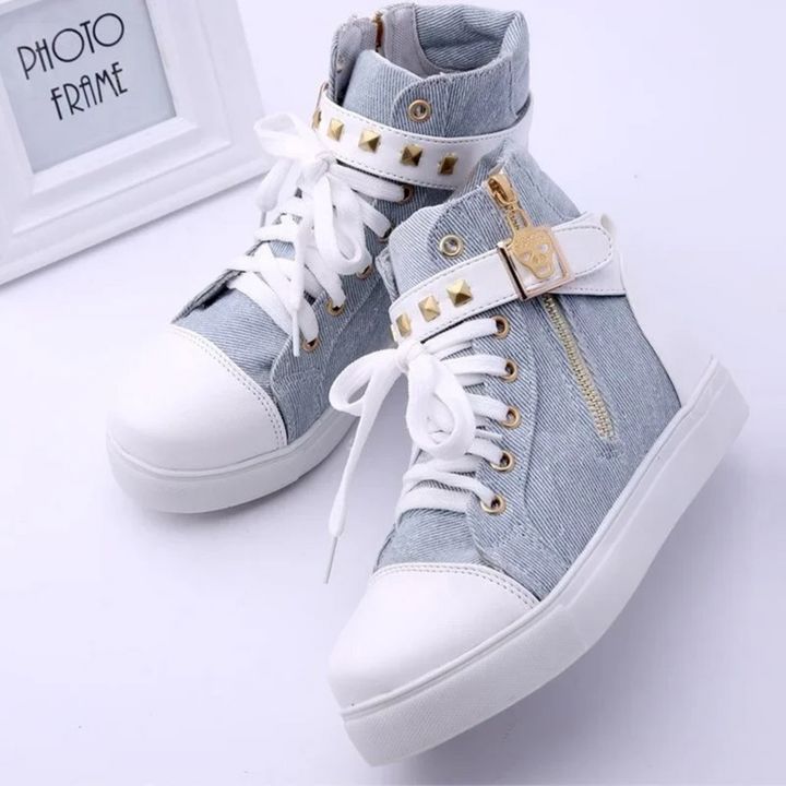 Damen High-Top Sneaker mit Reißverschluss und Nieten-Blau-35-Luzern Mode