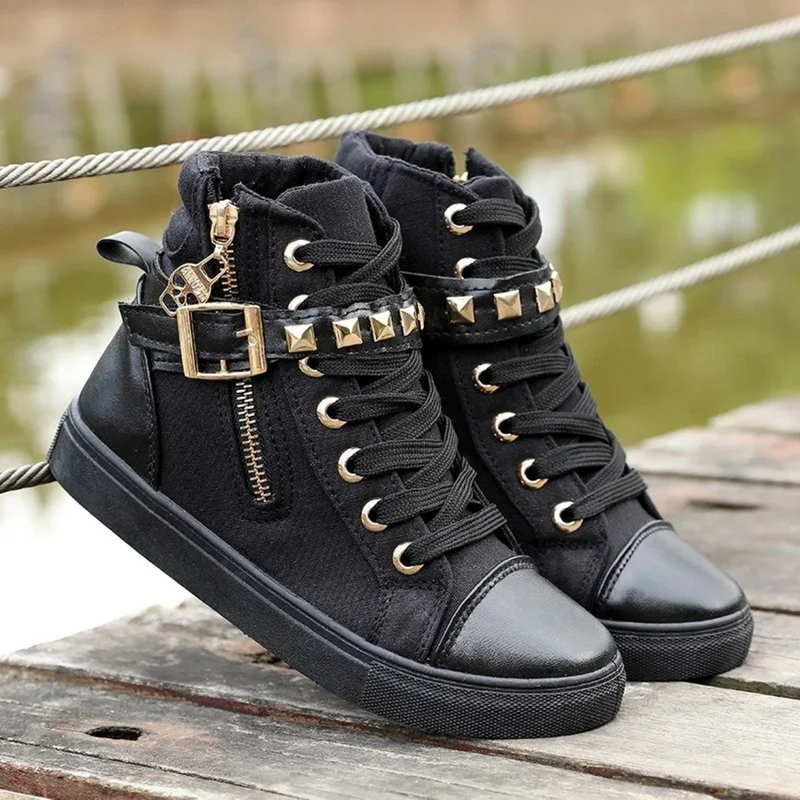 Damen High-Top Sneaker mit Reißverschluss und Nieten-Schwarz-35-Luzern Mode