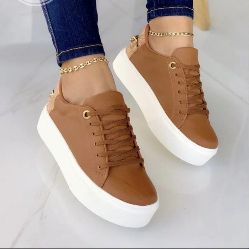 Damen Sneaker Leder mit Kette - Bequeme Freizeitschuhe-Braun-35-Luzern Mode