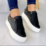 Damen Sneaker Leder mit Kette - Bequeme Freizeitschuhe-Schwarz-35-Luzern Mode