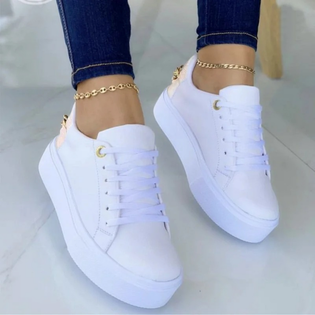 Damen Sneaker Leder mit Kette - Bequeme Freizeitschuhe-Weiß-35-Luzern Mode