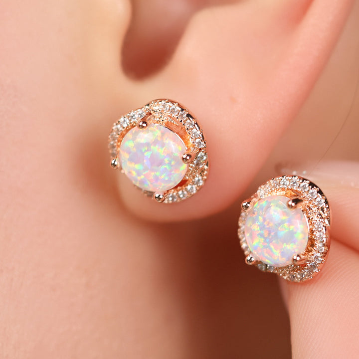 Ohrringe für Damen | Gold | Weißer Opal | Zirkonia | Kleeblatt-Weißer Opal und Roségold-Luzern Mode