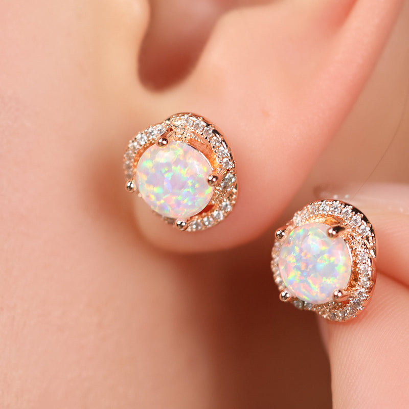 Ohrringe für Damen | Gold | Weißer Opal | Zirkonia | Kleeblatt-Weißer Opal und Roségold-Luzern Mode