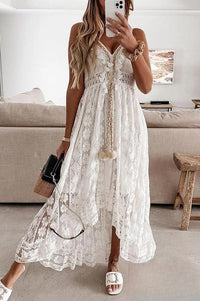 Weißes Sommerkleid | Gehäkelt | Fransen | Lang | Ärmellos | V-Ausschnitt-Luzern Mode