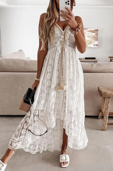 Weißes Sommerkleid | Gehäkelt | Fransen | Lang | Ärmellos | V-Ausschnitt-Luzern Mode