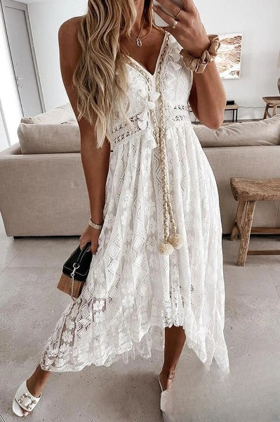 Weißes Sommerkleid | Gehäkelt | Fransen | Lang | Ärmellos | V-Ausschnitt-Luzern Mode