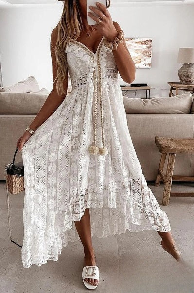 Weißes Sommerkleid | Gehäkelt | Fransen | Lang | Ärmellos | V-Ausschnitt-S-Luzern Mode