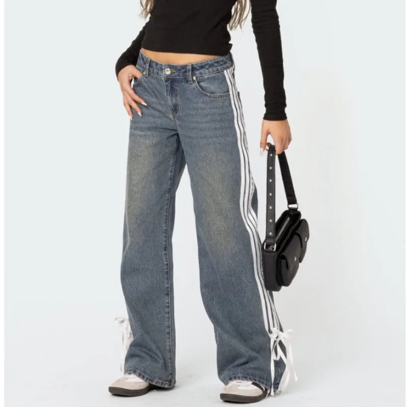Damen Y2K Jeans mit weitem Bein und seitlichem Streifen-Luzern Mode