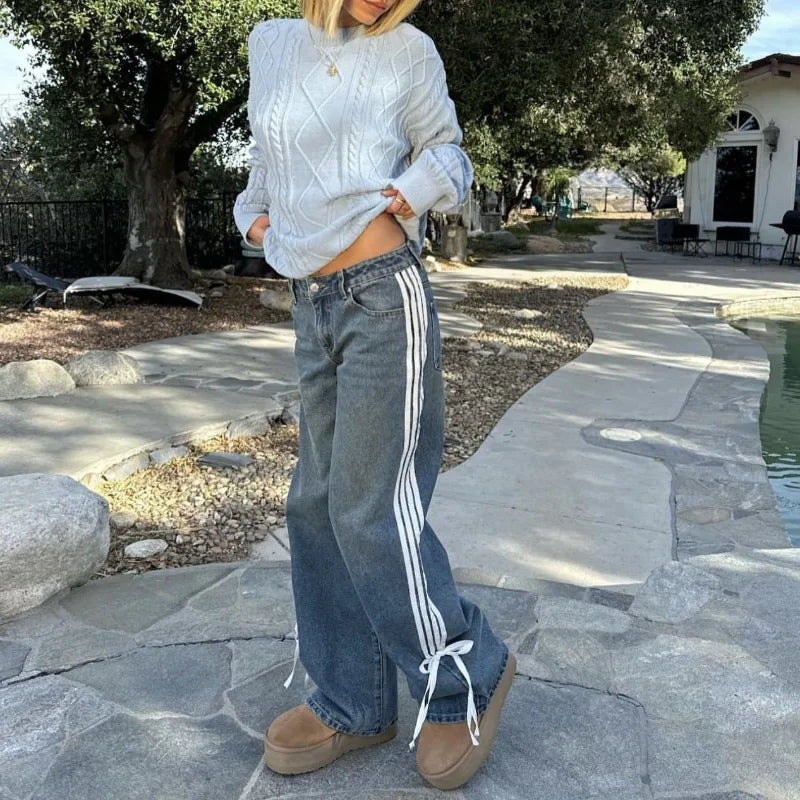 Damen Y2K Jeans mit weitem Bein und seitlichem Streifen-Blau-XS-Luzern Mode
