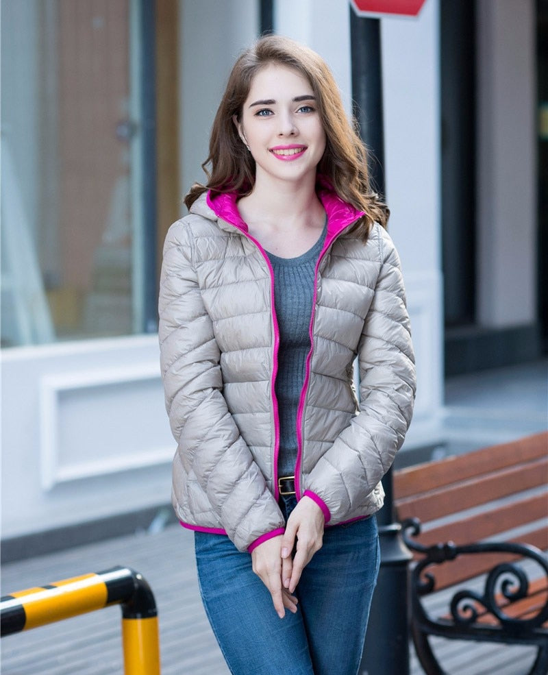 Damen Daunenjacke mit Kapuze - Leicht und Warm-Beige/Rosa-S-Luzern Mode
