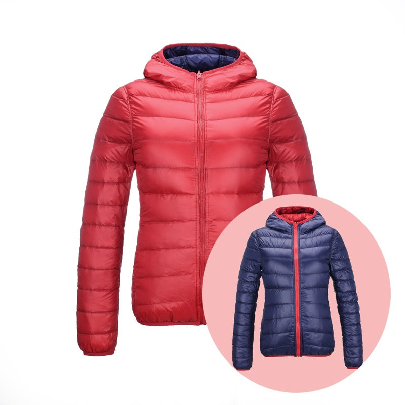 Damen Daunenjacke mit Kapuze - Leicht und Warm-Rot/Marineblau-S-Luzern Mode