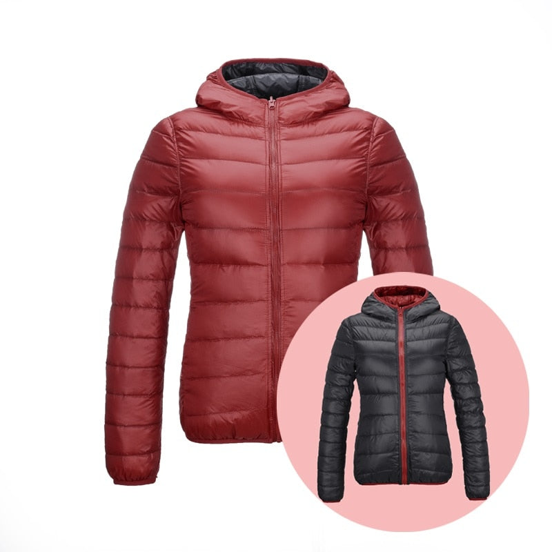 Damen Daunenjacke mit Kapuze - Leicht und Warm-Rot/Schwarz-S-Luzern Mode