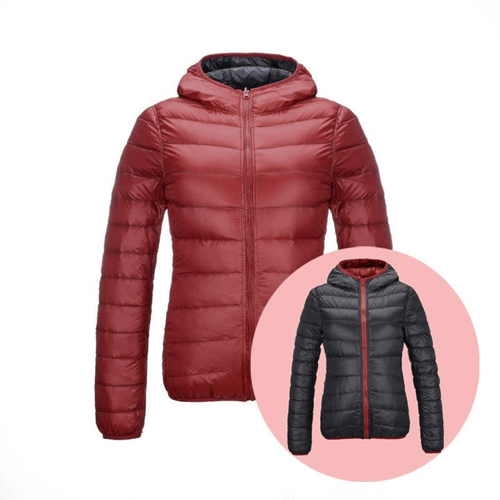 Damen Daunenjacke mit Kapuze - Leicht und Warm-Rot/Schwarz-S-Luzern Mode