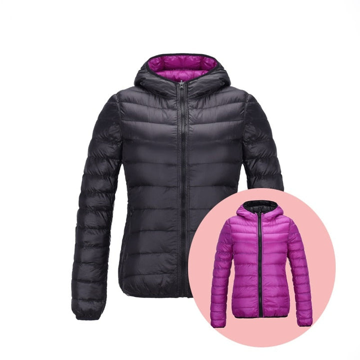 Damen Daunenjacke mit Kapuze - Leicht und Warm-Schwarz/Lila-S-Luzern Mode