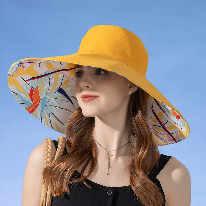 Sommer Sonnenhut Damen | Wendbar | Baumwolle | UV Schutz | Breite Krempe | 56–60 cm-Gelb (doppelseitig)-Luzern Mode