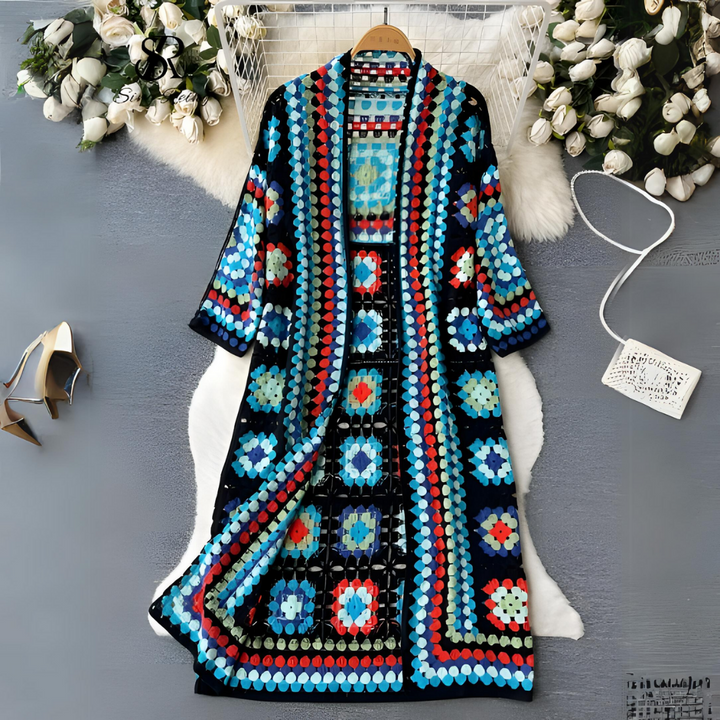 Damen Strickmantel mit Blumenmuster - Boho Cardigan Lang-Blau-Einheitsgröße-Luzern Mode