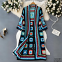 Damen Strickmantel mit Blumenmuster - Boho Cardigan Lang-Blau-Einheitsgröße-Luzern Mode