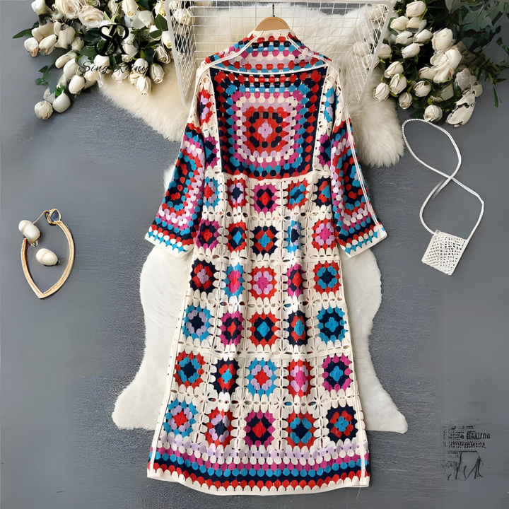 Damen Strickmantel mit Blumenmuster - Boho Cardigan Lang-Luzern Mode