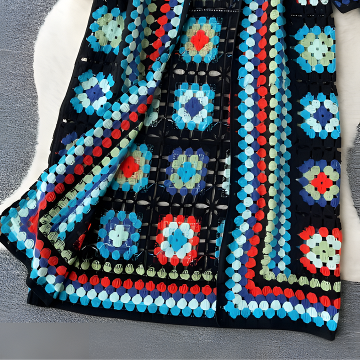Damen Strickmantel mit Blumenmuster - Boho Cardigan Lang-Luzern Mode
