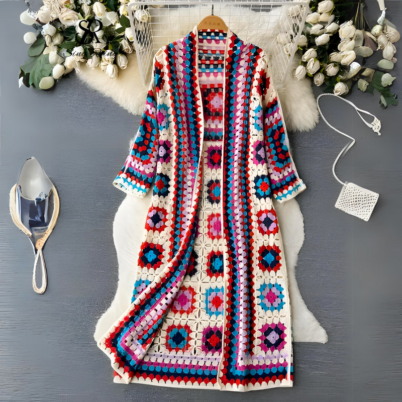 Damen Strickmantel mit Blumenmuster - Boho Cardigan Lang-Rot-Einheitsgröße-Luzern Mode