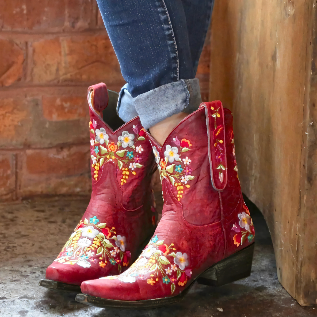 Damen Cowboy Stiefel mit Blumenstickerei Western Look-Luzern Mode